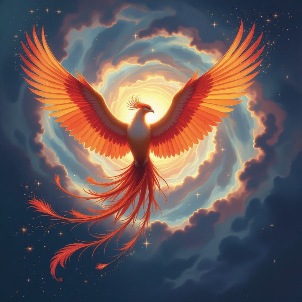 Phoenix Soaring Through Nebula in Hyperrealistic Detail