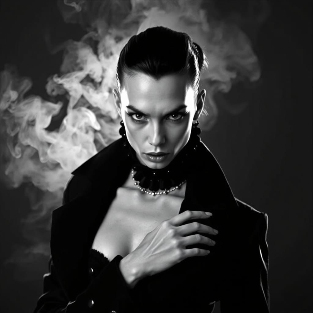 High-Fashion Black and White Portrait with Film Noir Lightin...