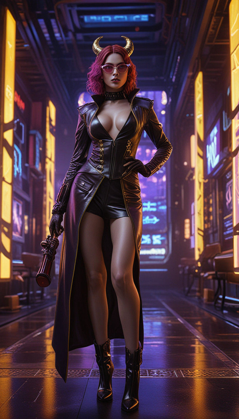 Elegant Cyberpunk Goddess in Neon Fantasy