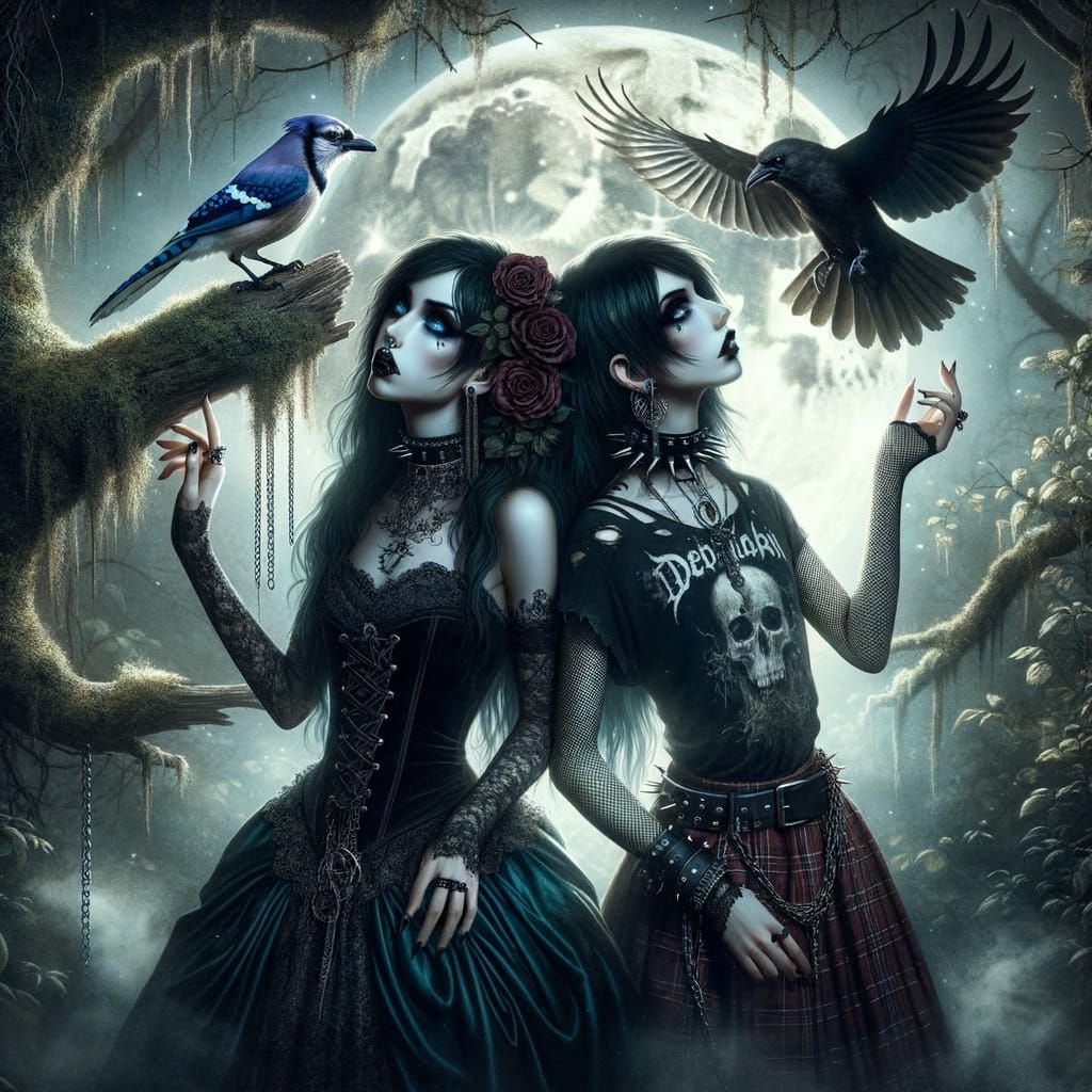 Gothic Twins in Mystical Moonlight Forest
