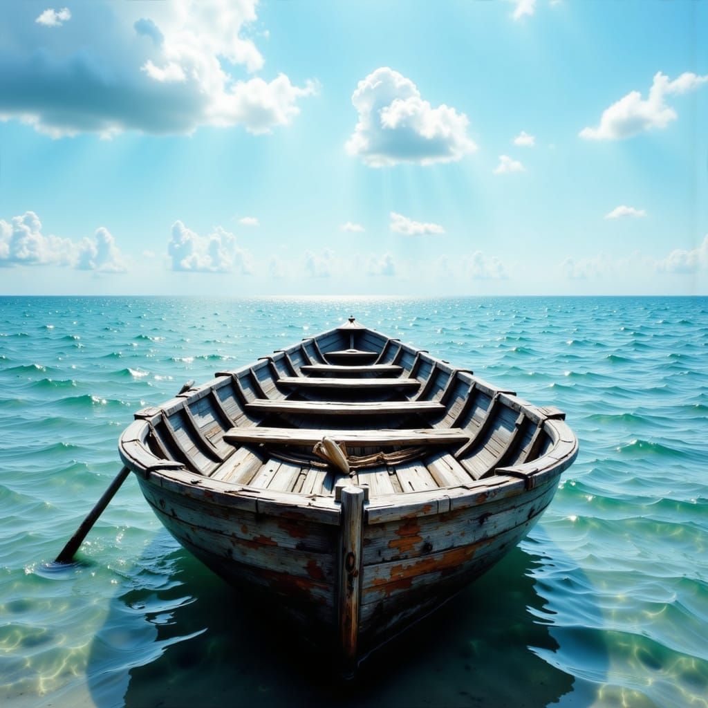 Weathered Rowboat on Shimmering Sea, Hyperrealistic Style