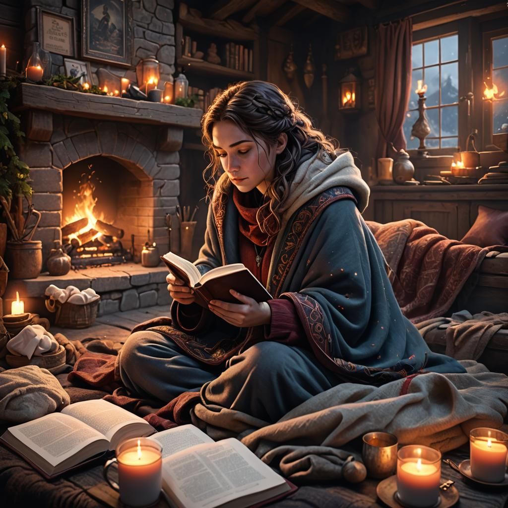 Girl Reading Book by Fireplace, Matte Painting