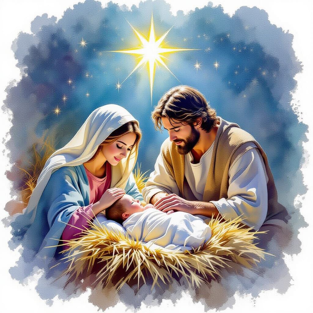 Baby Jesus in Manger with Star, Watercolor and Ink Style