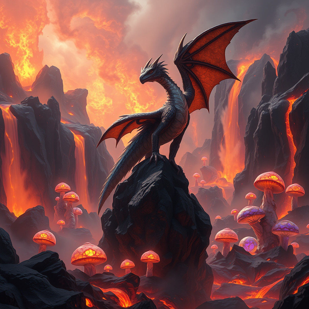 Dragon in Volcanic Mushroom Biome: Digital Art
