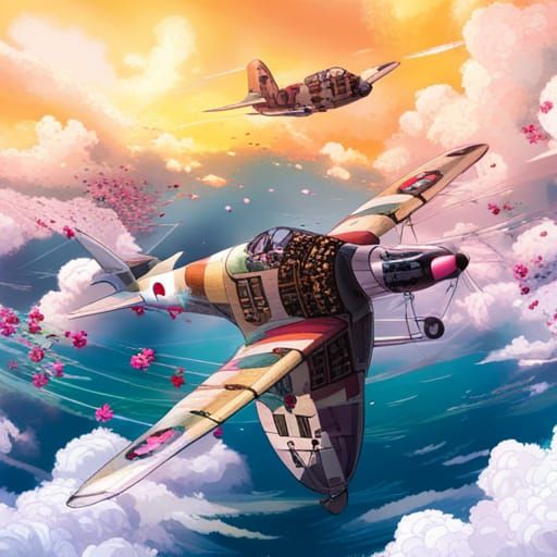 Floral Zero Fighter Soaring in Blue Sky: Matte Painting