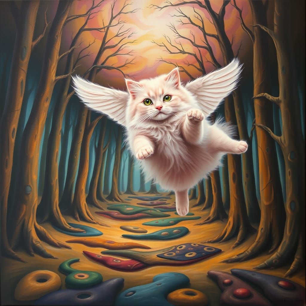 Fluffy Winged Cat Flies Through Upside Down Forest Surrealis...