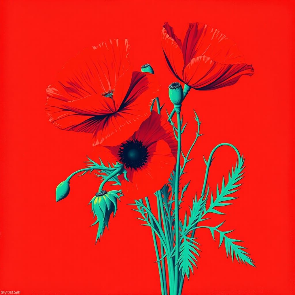 Warhol-esque Silkscreen Still Life of Red Poppies
