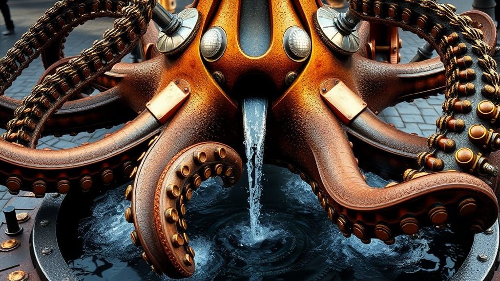 Steampunk Octopus Fountain: Hyperrealistic Wide-Angle Shot