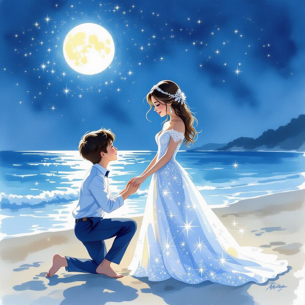 Romantic Beach Proposal with Diamond Dress
