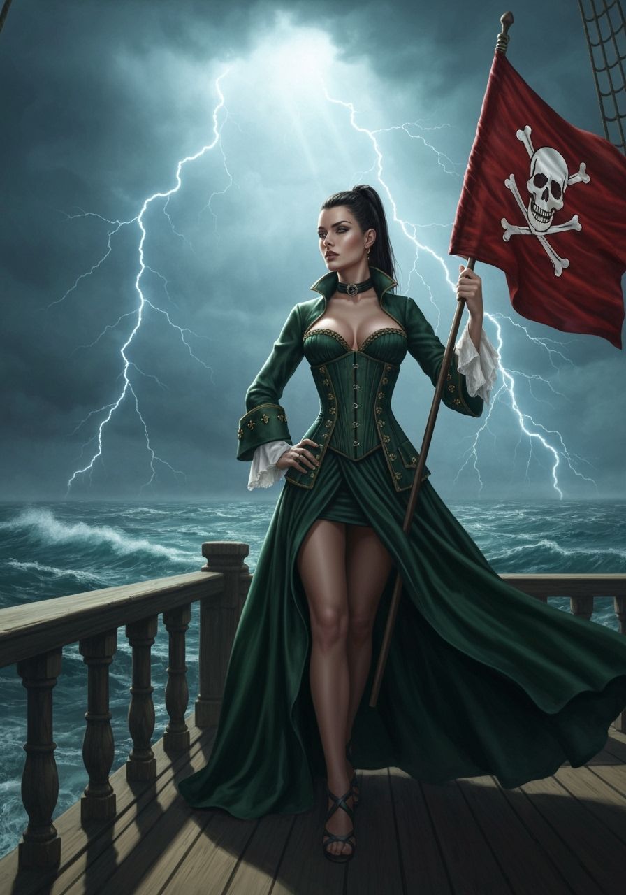 Elegant Pirate Captain in Stormy Seas, Art Nouveau Style