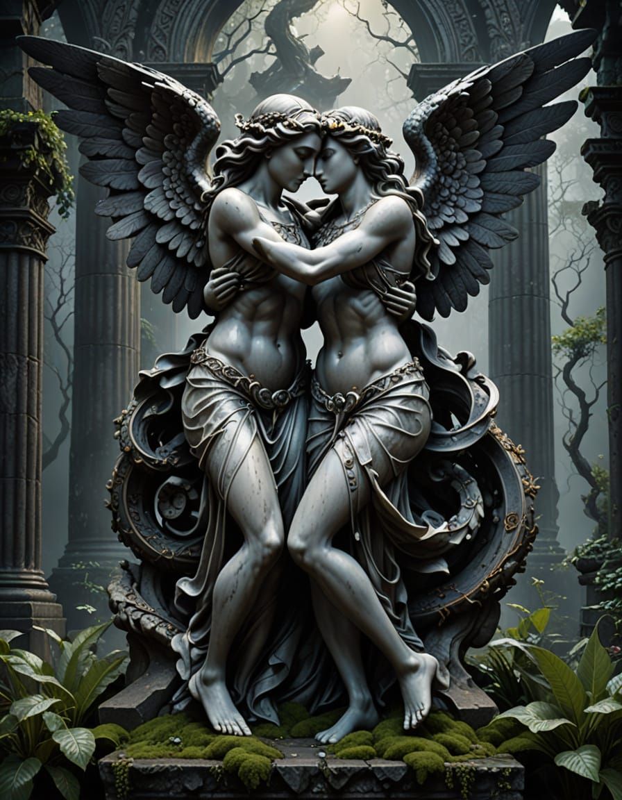 Ethereal Angels in DNA Embrace: A Surreal Abstract Statue
