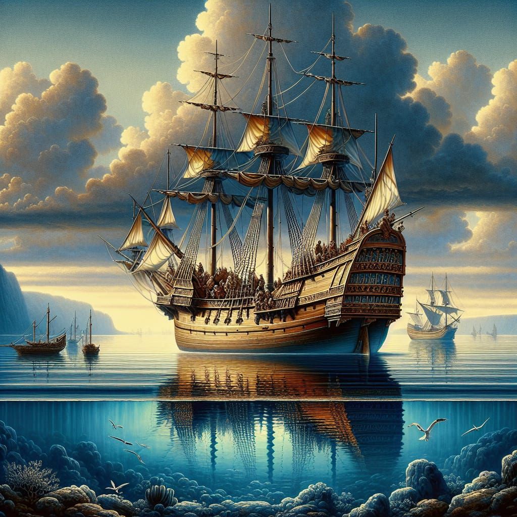 1700s Tall Ship on Calm Sea: Australian Tonalism Airbrush Ar...