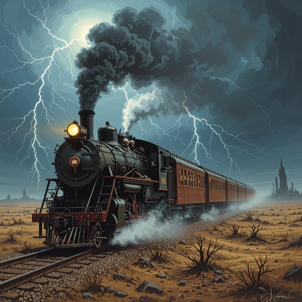 Ghost Train in Alien Landscape: Cosmic Horror Art