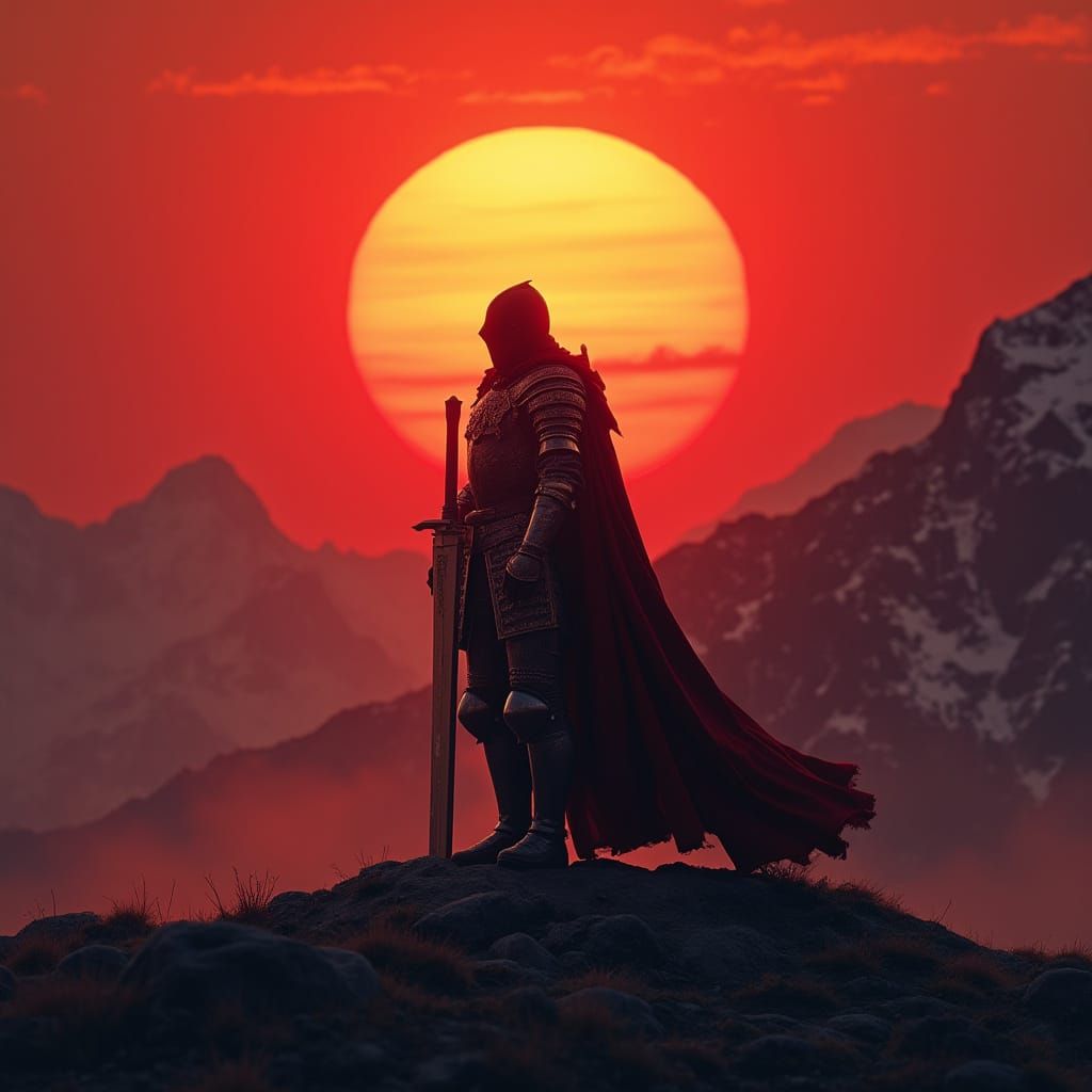 Knight Silhouetted Against a Blood-Red Sunset
