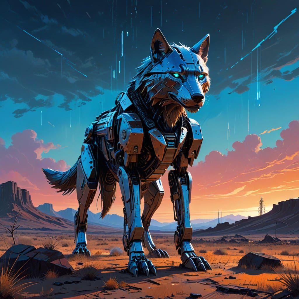 Chrome Wolf Robot on Desolate Cyberpunk Plain