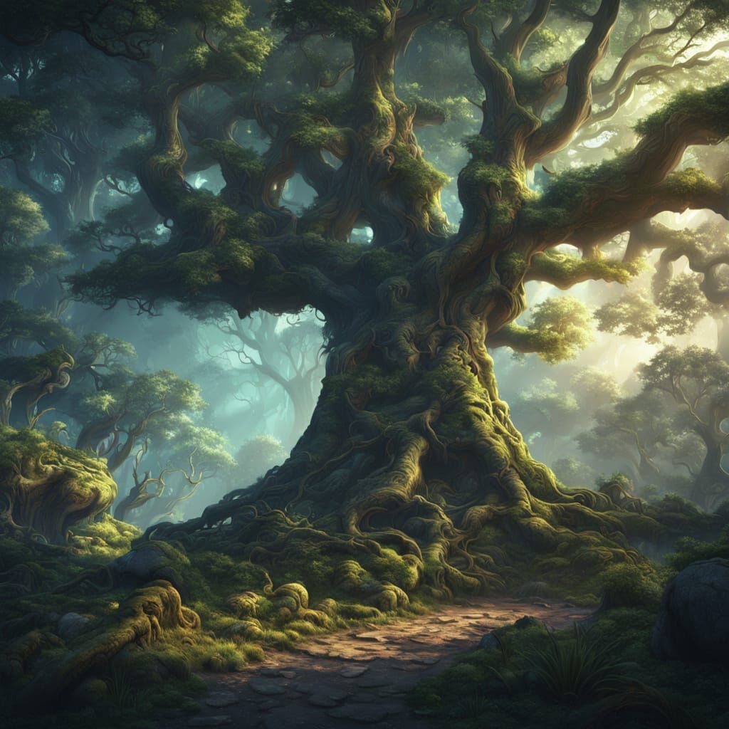 Mystical Forest with Glowing Ancient Tree in Matte Painting ...