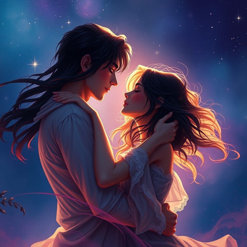 Ethereal Embrace Under Starry Night Sky in Dreamlike Scene