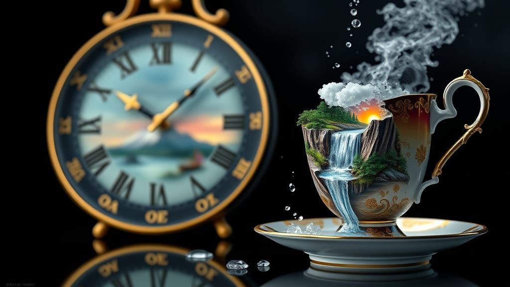 Surreal 3D Clockscape with Royal Albert Tea Cup and Lake Sce...
