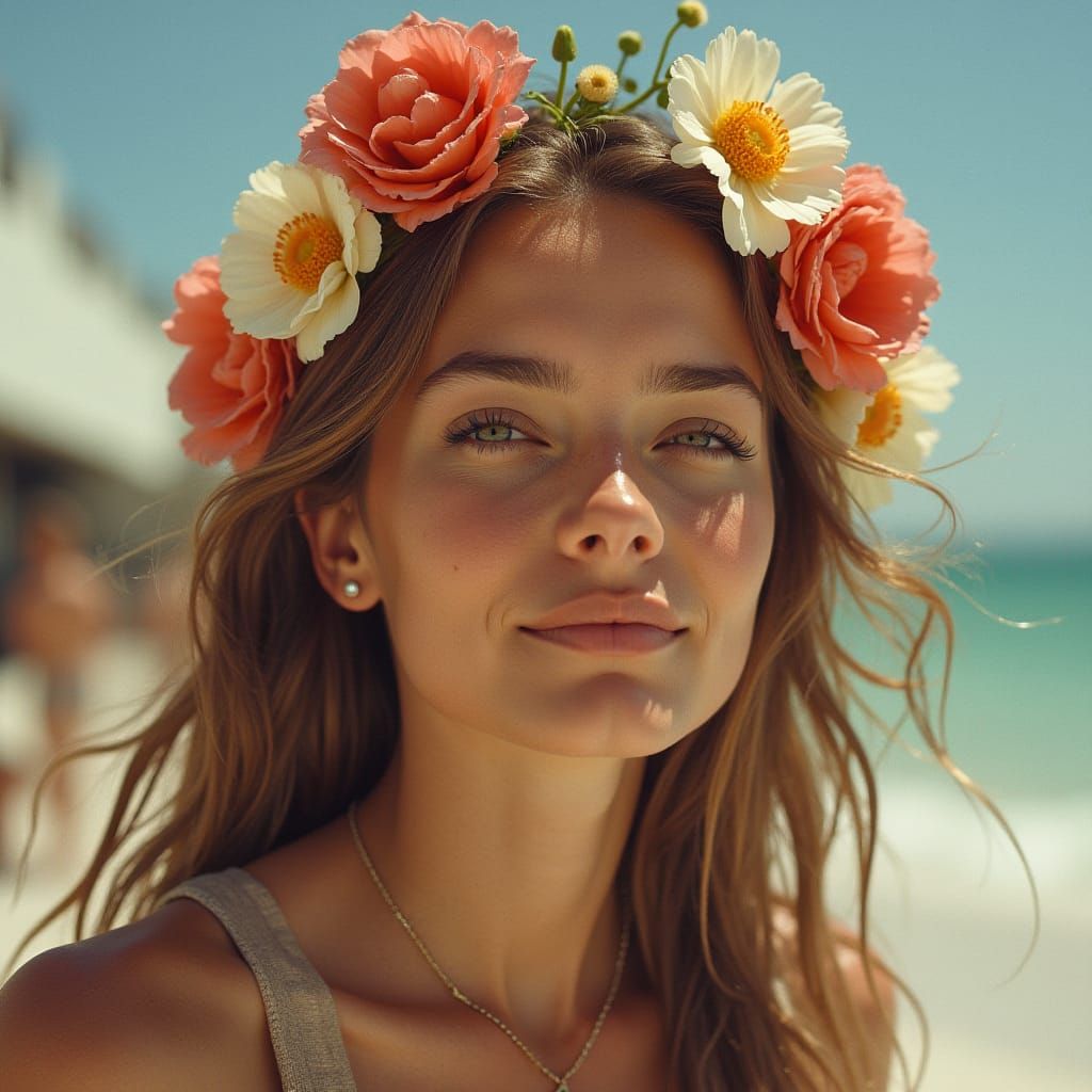 Girl with Flowers in Hair and Loving Eyes