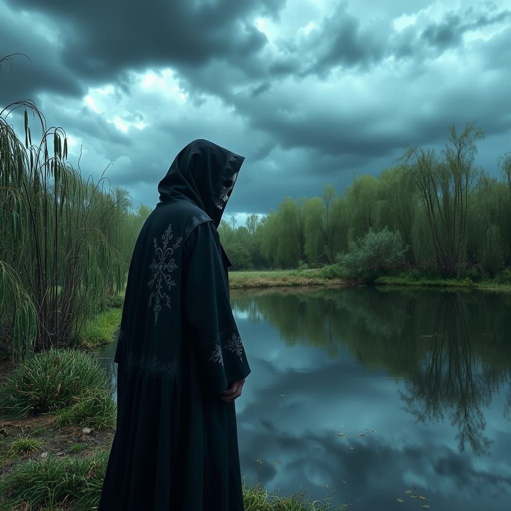 Eerie Reflection: Figure in Weeping Willow Forest