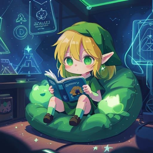 Chibi Link Relaxing in Cozy Spaceship Cabin