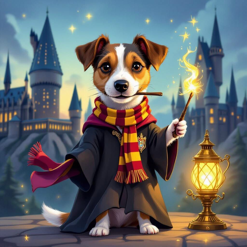 Hogwarts Dog in Magical Golden Glow