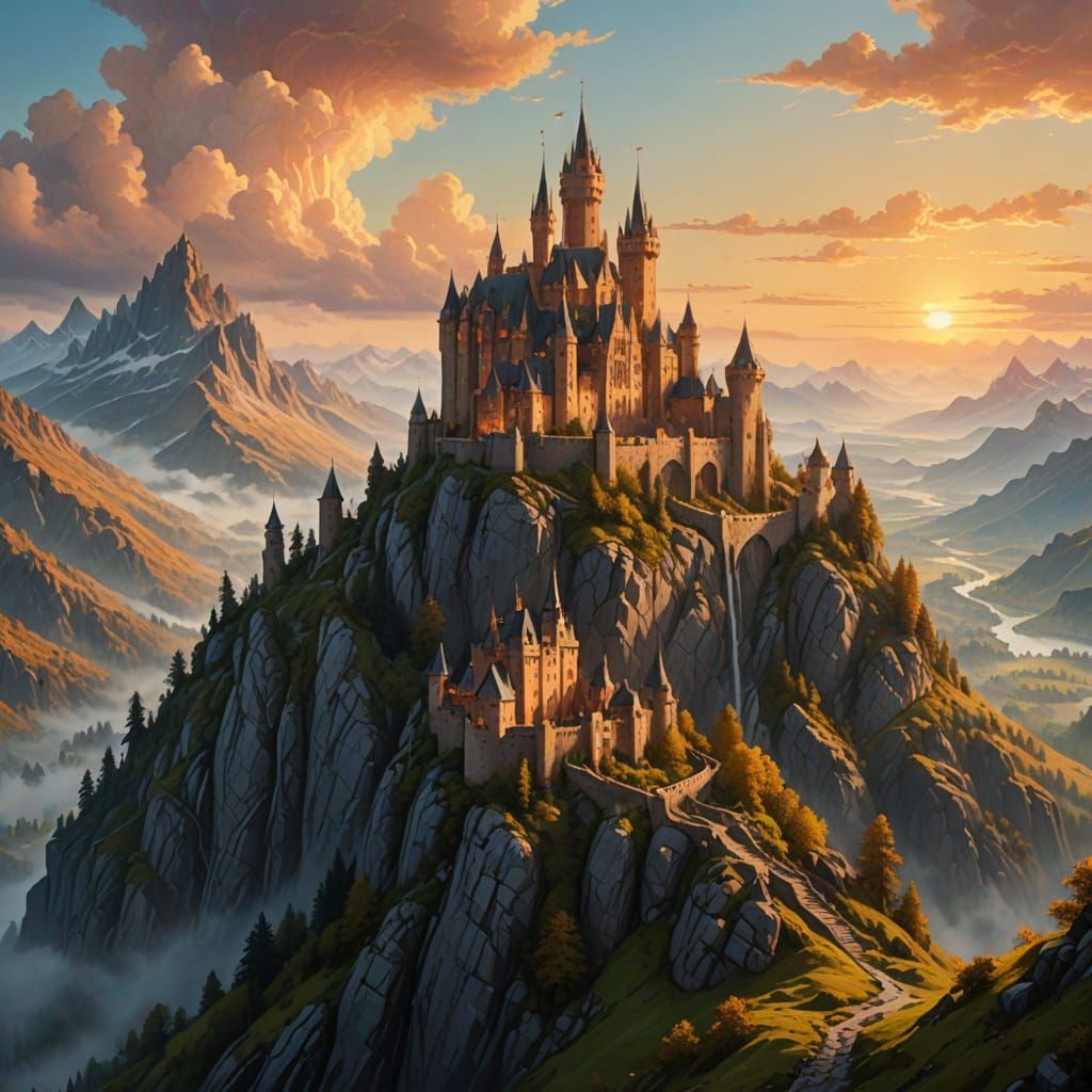 Majestic Castle on Mountain Peak in Golden Hour Oil Painting