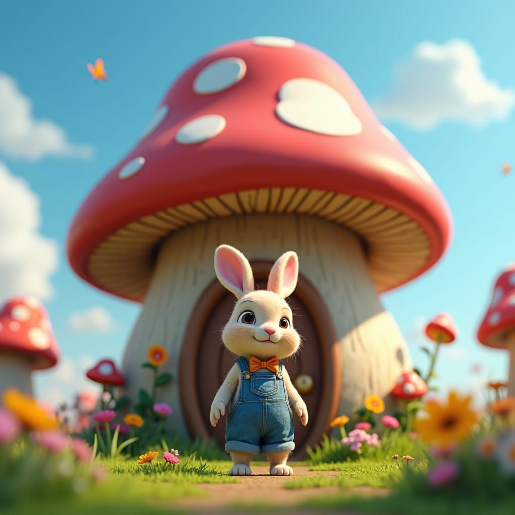 Charming Rabbit Family Under Mushroom House in 3D Style