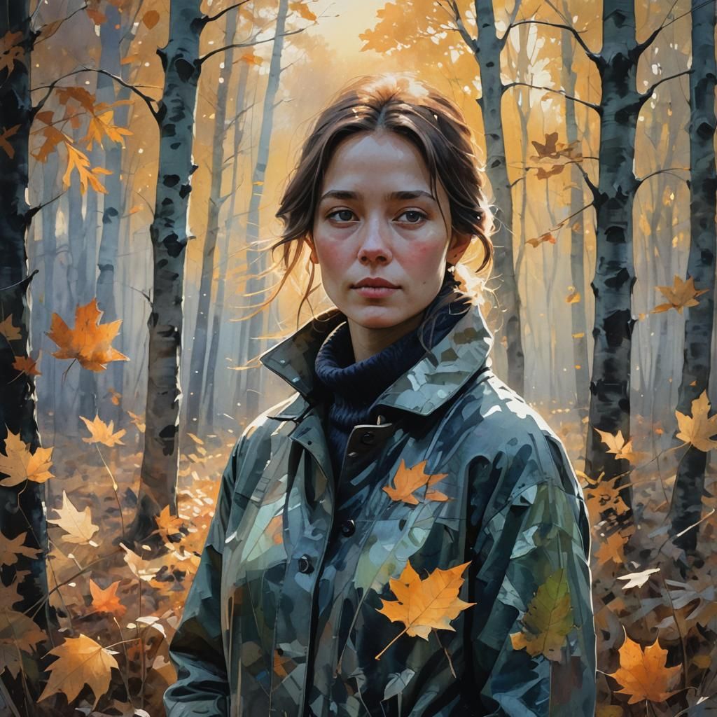 Woman in Forest Glade: Acrylic Monochromatic Art