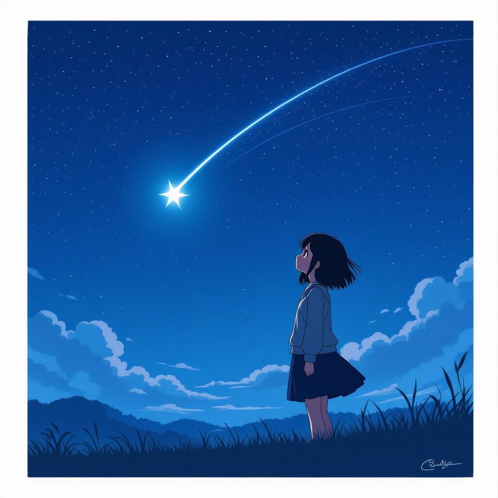 Anime Girl Watches Shooting Star in Moody Night Sky
