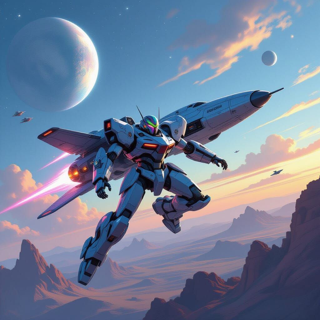 Mech Warrior Soaring Through Cosmos in Spaceship Mode