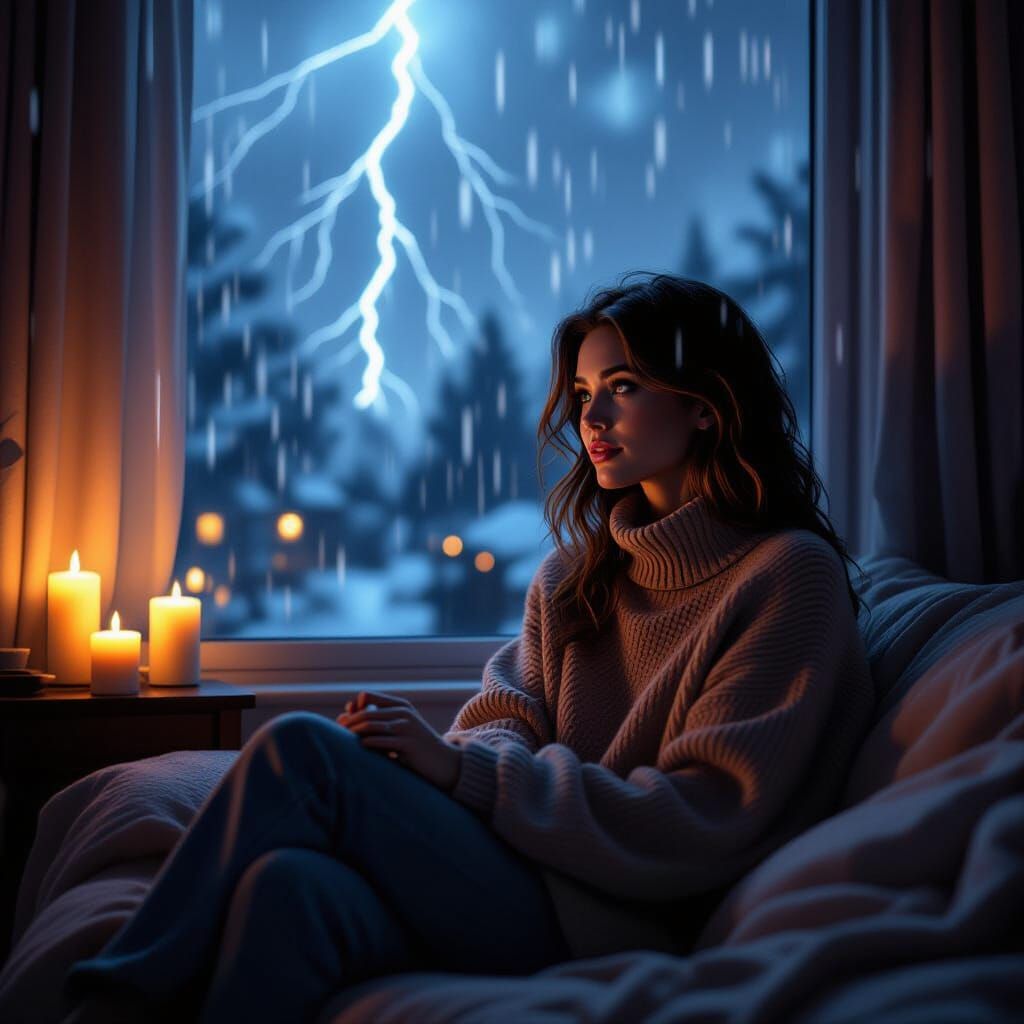 Cozy Woman During Storm in Atmospheric Digital Art