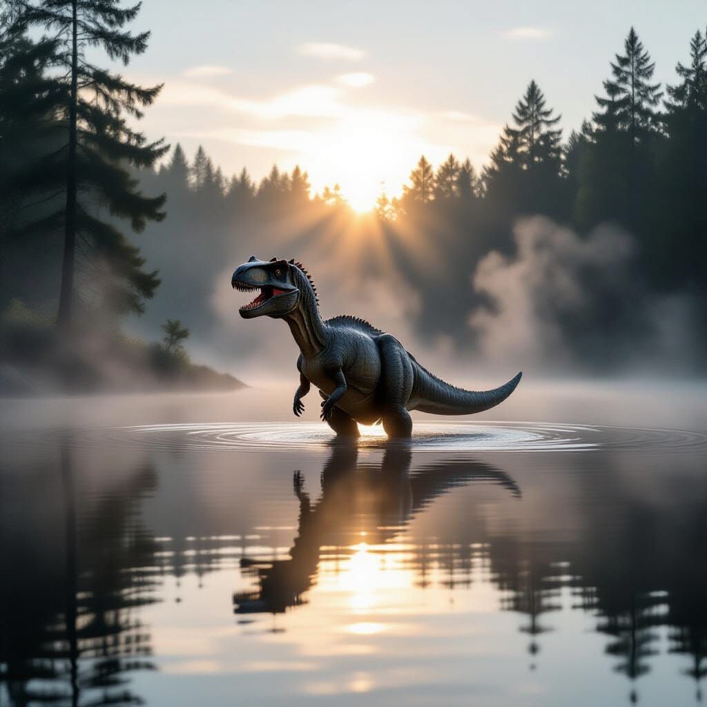 Misty Dinosaur Dawn in Primeval Wilderness