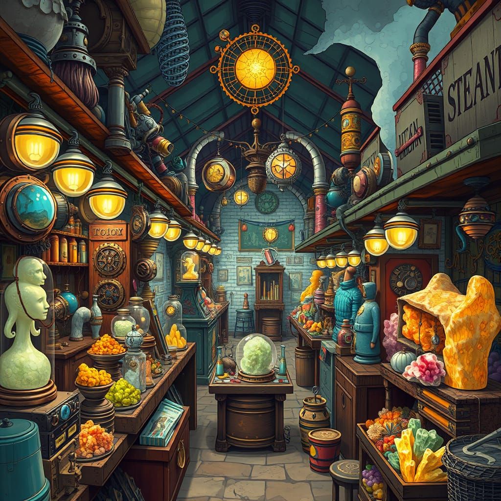 Steampunk Market with Gadgets and Minerals