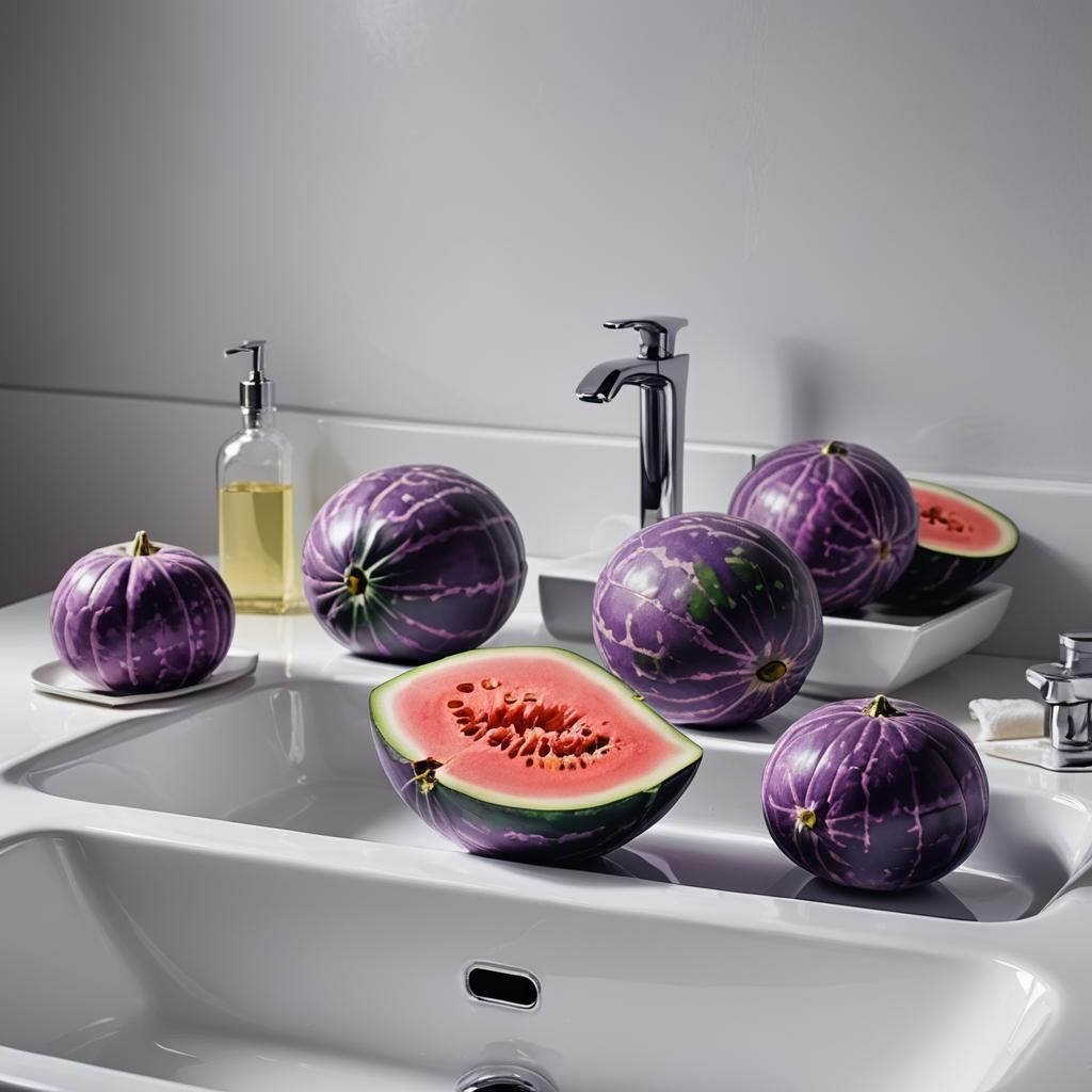 Square Purple Melons in White Bathroom: Surrealist Oil Paint...