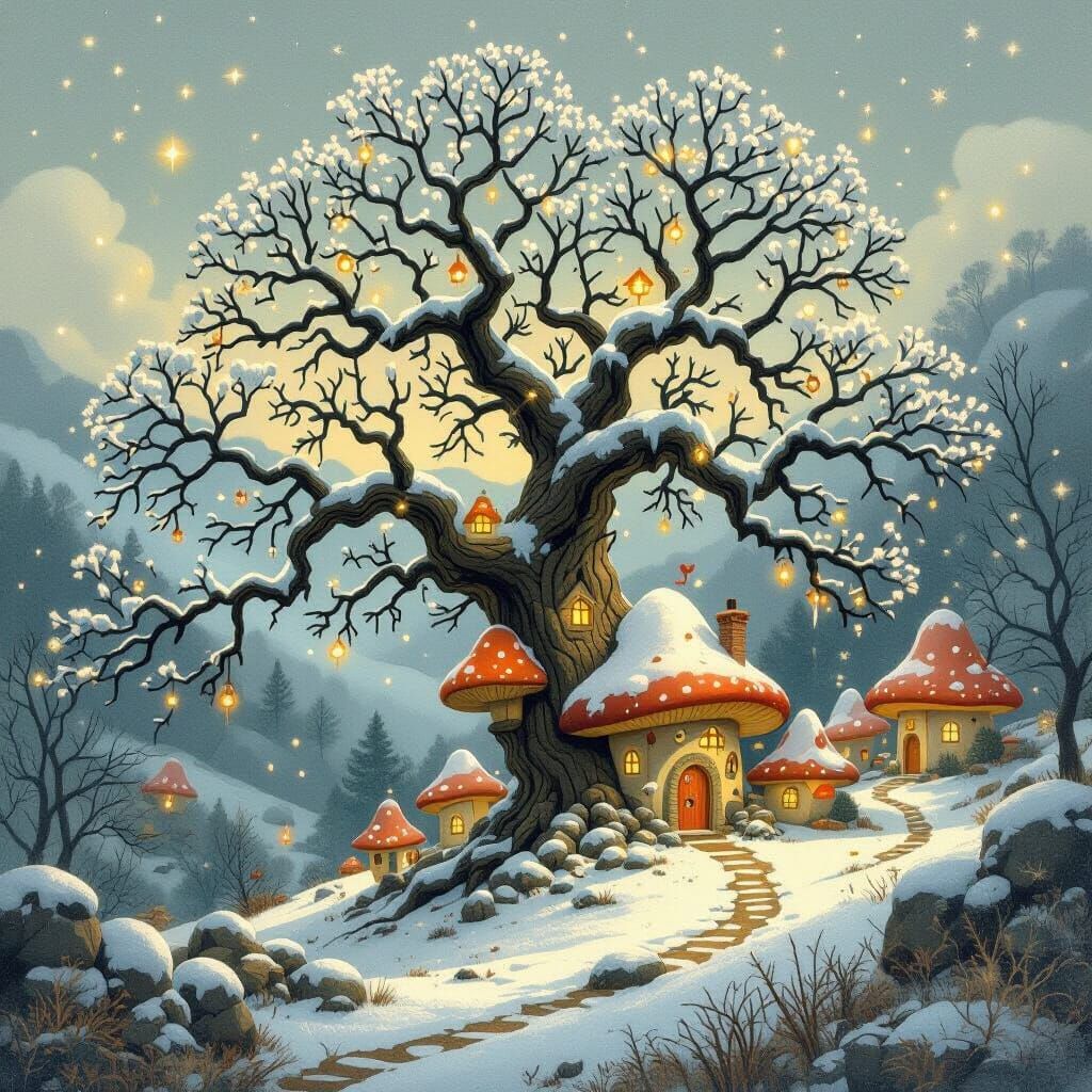 Gnarled Oak Tree Over Snow-Covered Valley Village