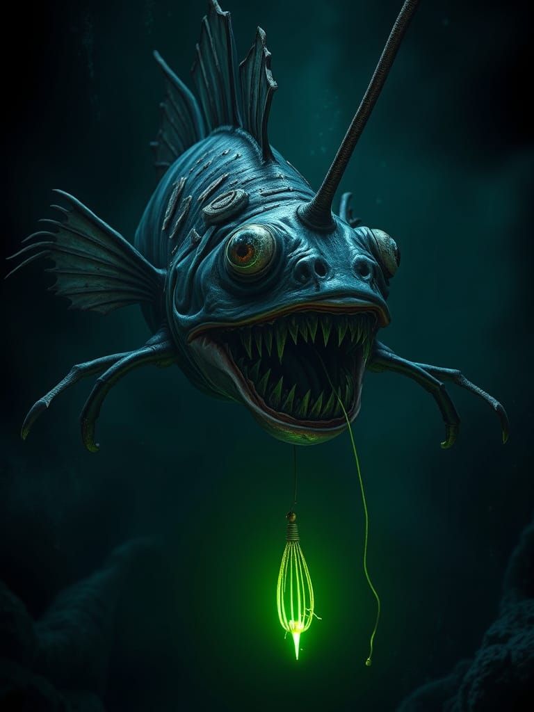A terrifying anglerfish with a bioluminescent lure. Its dangling lure glows with an eerie green light— luring prey into ...