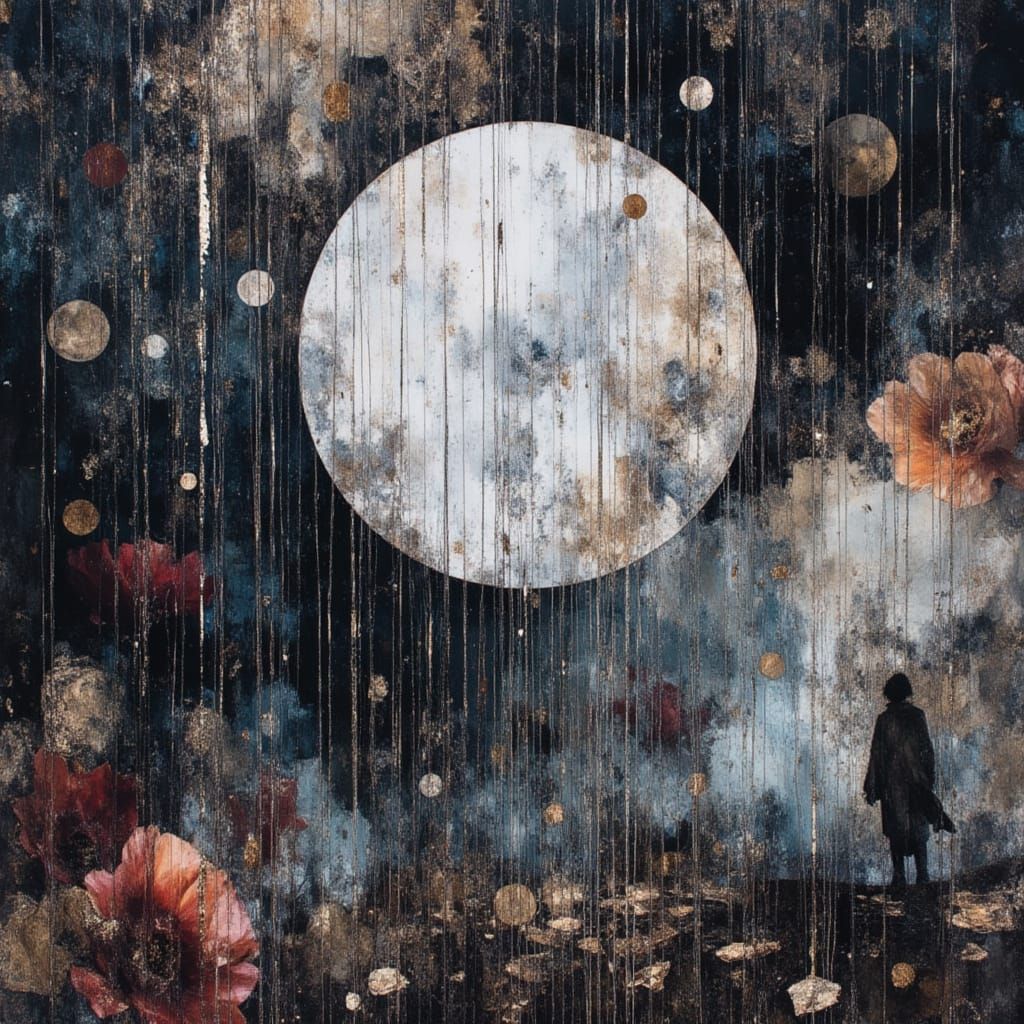 Mixed Media Collage of Moon Falling