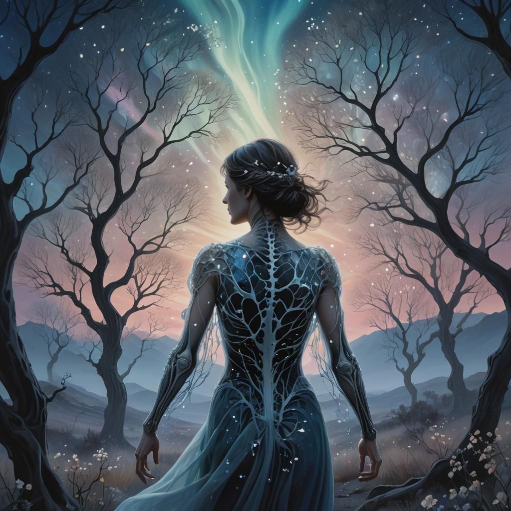 Ethereal Woman Dissolving in Twilight Landscape