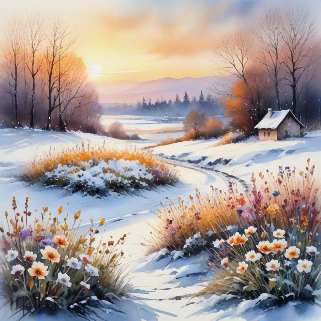 Vibrant Watercolor Winter Scene with European Sunset