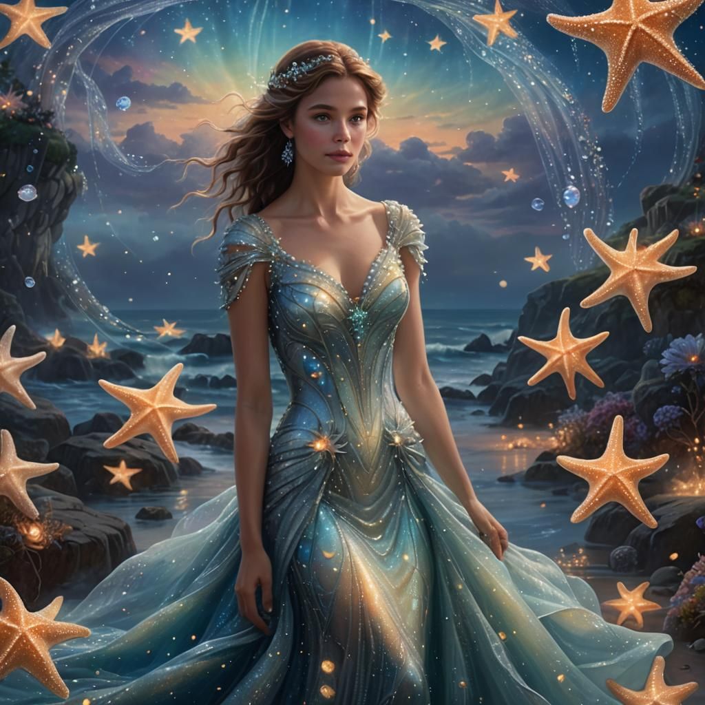 Iridescent Starfish Gown in Dreamy Bioluminescent Scene