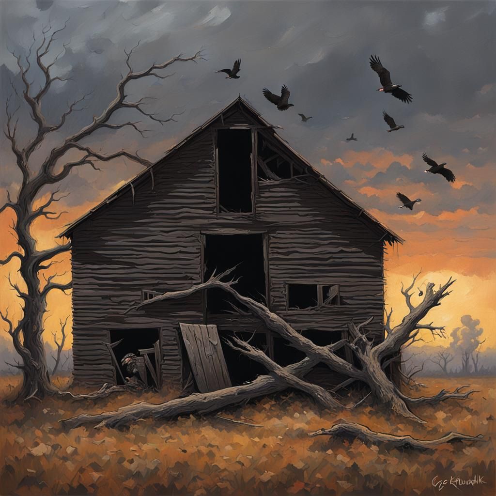 Sinister Old Barn with Vultures in Fantasy Art Style