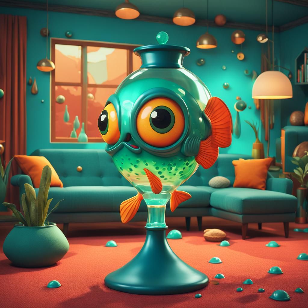 Cartoon Fish in Lava Lamp, Detailed Matte Painting