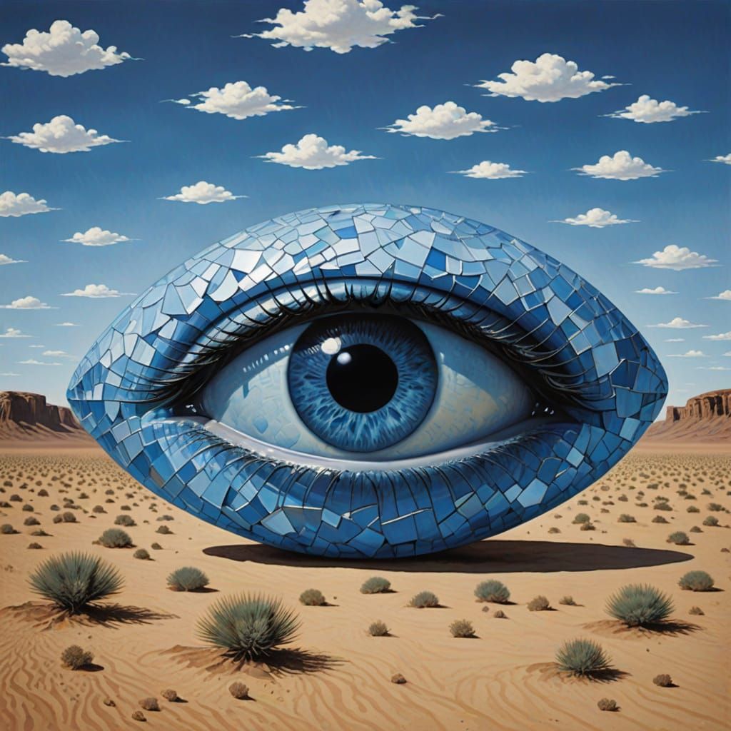 Surreal Desert of Mirrors with Floating Blue Eyes