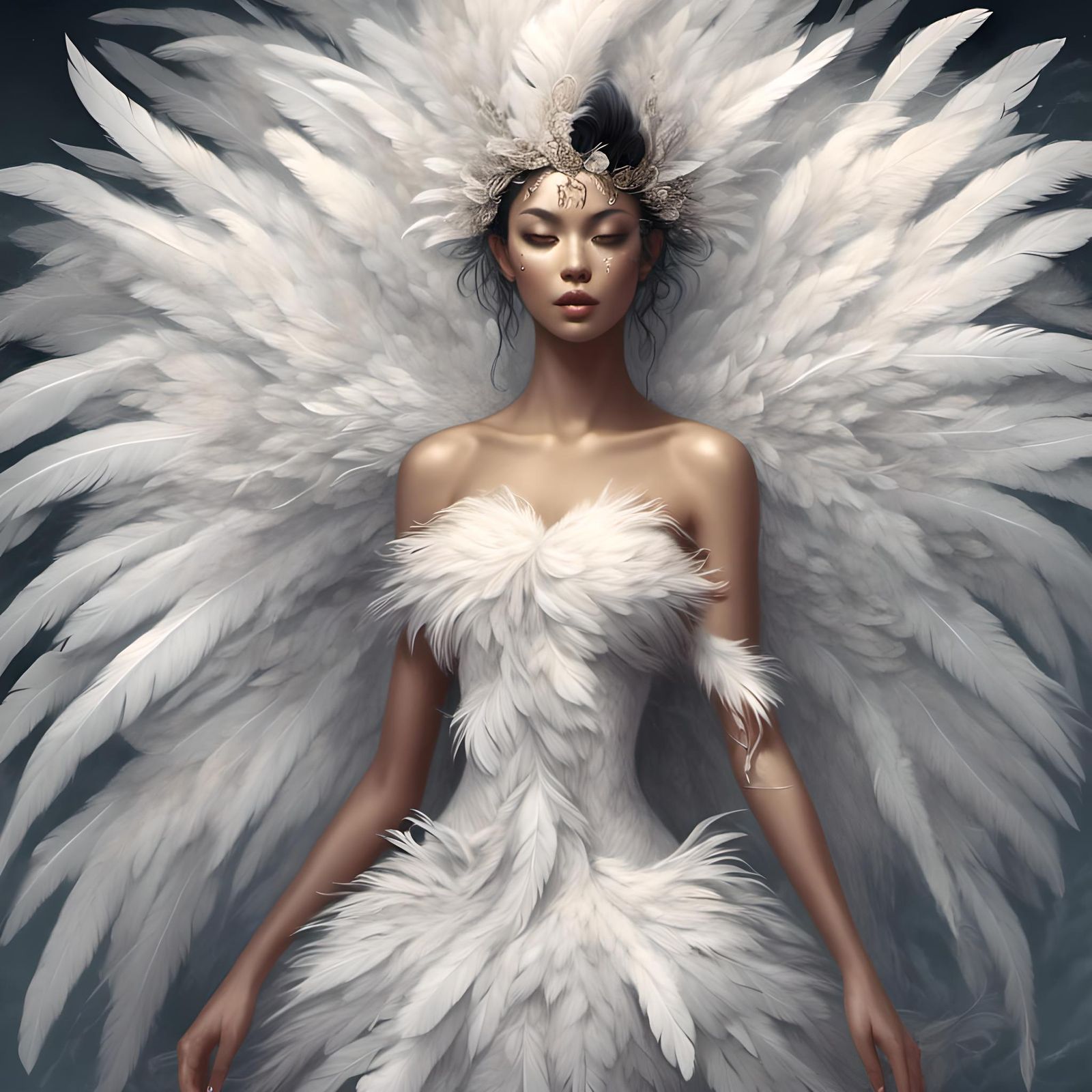 Elegant Swan Woman in White Feather Dress