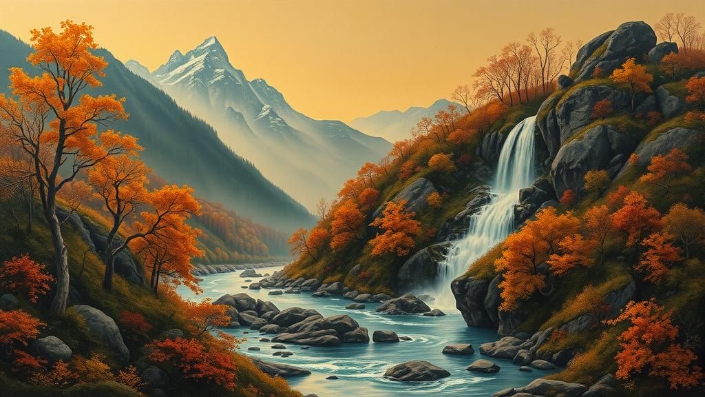 Surreal Autumn Mountain River and Waterfall Landscape