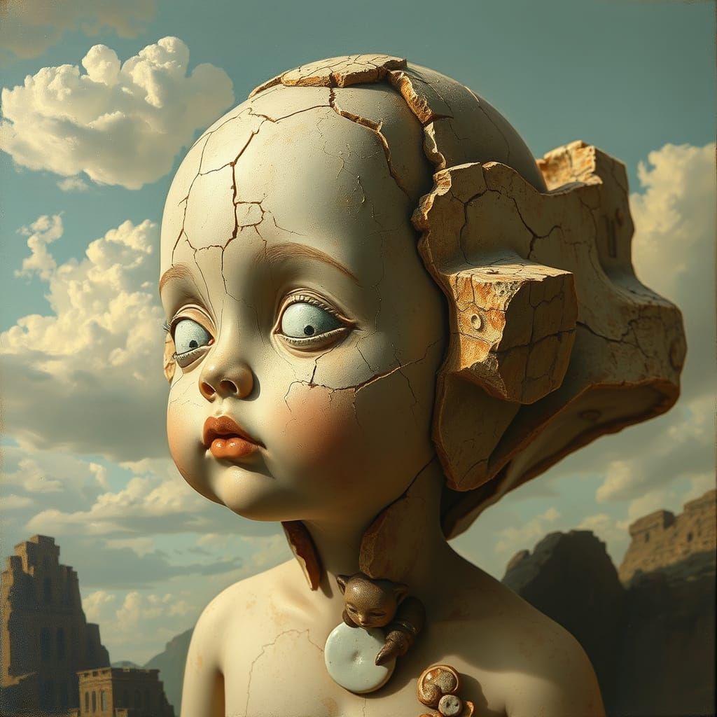 Floating Cracked Doll in Surrealist Gouache