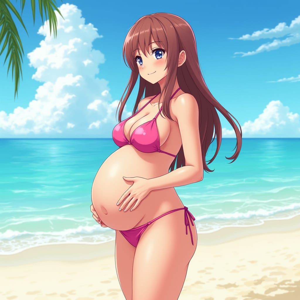 Anime Woman with Pregnancy Belly on Beach