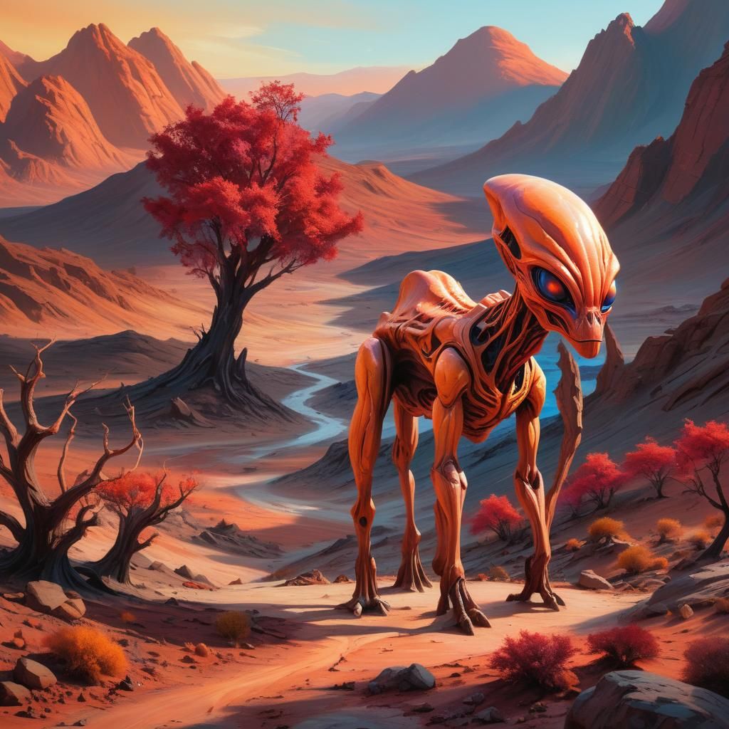 Alien Landscape at Sunset: Sci-Fi Oil Painting