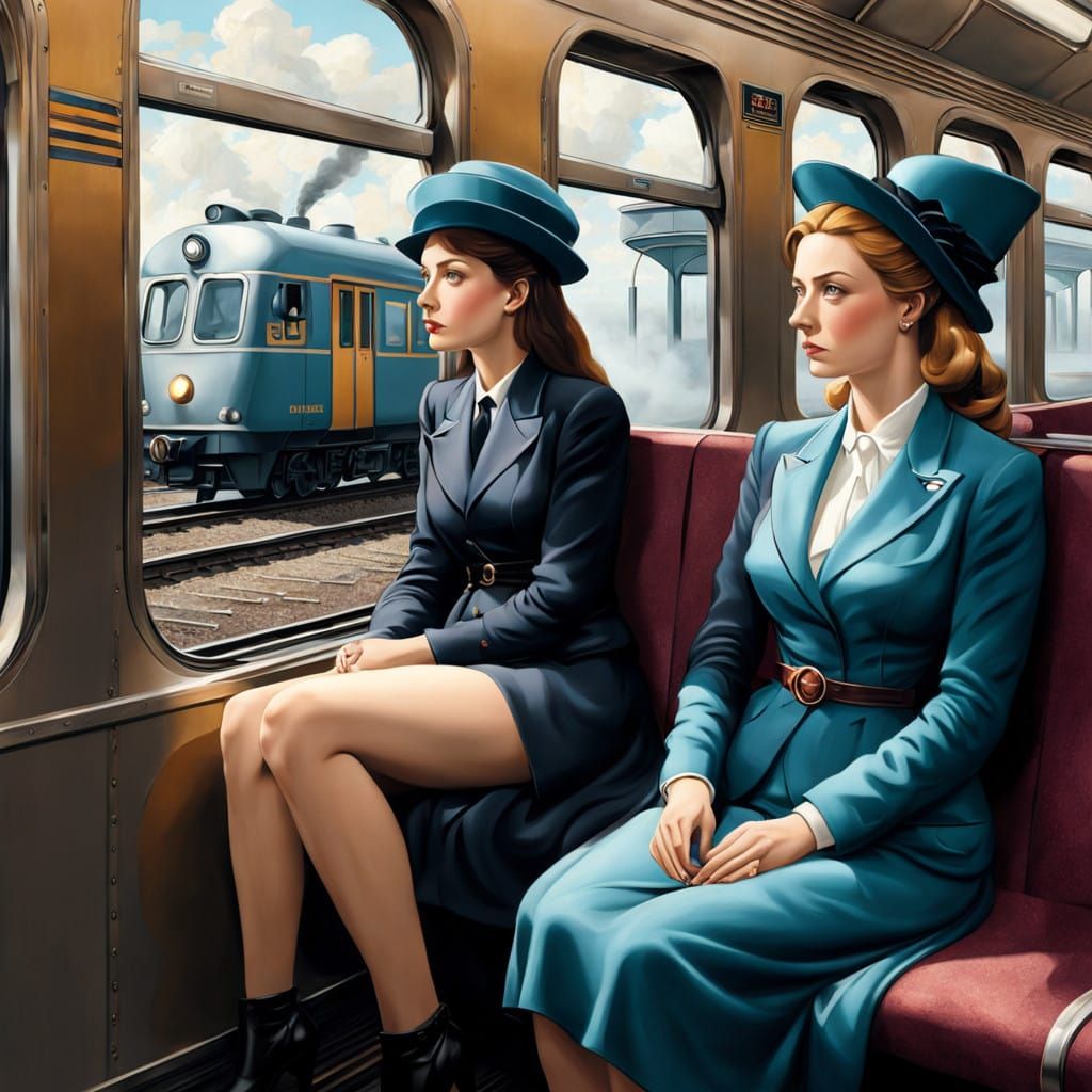 Women in Train Car, Surrealist Scene